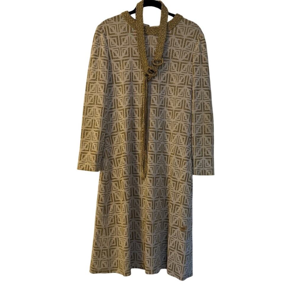 Pierre Balmain 1970s Vintage Geometric Cream-Gold Lurex Midi Dress